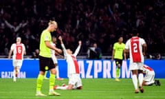 Ajax players celebrate their fourth goal, scored by Sébastien Haller.