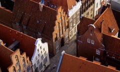 High angle view at gabled houses, Grosse Petersgrube, Luebeck, Schleswig Holstein, Germany, Europe<br>BH1K5T High angle view at gabled houses, Grosse Petersgrube, Luebeck, Schleswig Holstein, Germany, Europe