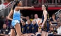 Chicago Sky v Indiana Fever<br>INDIANAPOLIS, INDIANA - JUNE 16: Angel Reese #5 of the Chicago Sky reacts after fouling Caitlin Clark #22 of the Indiana Fever during the second half at Gainbridge Fieldhouse on June 16, 2024 in Indianapolis, Indiana. NOTE TO USER: User expressly acknowledges and agrees that, by downloading and or using this photograph, User is consenting to the terms and conditions of the Getty Images License Agreement. (Photo by Emilee Chinn/Getty Images)