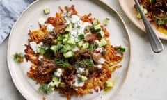Tamal Ray's grated potato pancake with chicken liver and a yoghurt, cucumber and dill dip.