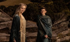 Morfydd Clark as Galadriel and Robert Aramayo as Elrond in The Lord of the Rings: The Rings of Power