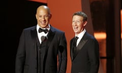 2017 Breakthrough Prize - Show<br>MOUNTAIN VIEW, CA - DECEMBER 04:  Actor Vin Diesel (L) and Breakthrough Prize Co-Founder Mark Zuckerberg speak onstage during the 2017 Breakthrough Prize at NASA Ames Research Center on December 4, 2016 in Mountain View, California.  (Photo by Kimberly White/Getty Images for Breakthrough Prize)