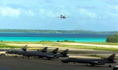 USAF B-1 Bombers at the air base on Diego Garcia.<br>The British Indian Ocean Territory (BIOT) or Chagos Islands (formerly the Oil Islands) is an overseas territory of the United Kingdom situated in the Indian Ocean, halfway between Africa and Indonesia. The territory comprises a group of seven atolls comprising more than 60 individual islands, situated some 500 kilometers (310 mi) due south of the Maldives archipelago. The largest island is Diego Garcia (area 44 km squared), the site of a joint military facility of the United Kingdom and the United States. Following the eviction of the native population (Chagossians) in the 1960s, the only inhabitants are US and British military personnel and associated contractors, who collectively number around 4,000 (2004 figures). (Photo by: Pictures From History/Universal Images Group via Getty Images)