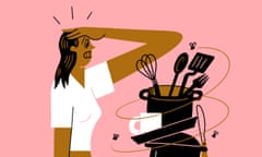 Illustration of an exasperated woman looking at a pile of washing up