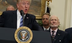 Donald Trump, Buzz Aldrin<br>Former astronaut Buzz Aldrin listens at right as President Donald Trump speaks before signing an executive order to establish a National Space Council, Friday, June 30, 2017, in the Roosevelt Room of the White House in Washington. (AP Photo/Evan Vucci)