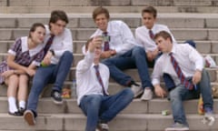 Home and Away Anzac Day episode. Summer Bay High school students take a selfie out the front of the Australian War Memorial in Canberra, Australia. In April 2015. Screengrab of the Channel Seven TV show.