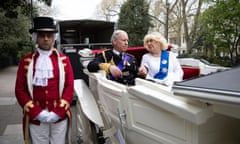 ‘Have you practised your bowing?’ … Rich Pelley is the royal footman to Charles (Guy Ingle) and Camilla (Wendy Crawley)