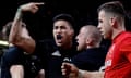 Rieko Ioane celebrates a try during the All Blacks’ 33-18 win over Wales in Cardiff, a game in which he was the clear standout performer.