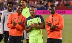 International Champions Cup 2016 - Liverpool v AC Milan<br>SANTA CLARA, CA - JULY 30:  (THE SUN OUT, THE SUN ON SUNDAY OUT) Georginio Wijnaldum, Nathaniel Clyne and Sadio Mane of Liverpool at the end of the International Champions Cup 2016 match between Liverpool and AC Milan at Levi's Stadium on July 30, 2016 in Santa Clara, California.  (Photo by Andrew Powell/Liverpool FC via Getty Images)