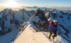 Brooke and Ally arrive on the summit of the Aiguille Verte. Still from Mountain, movie documentary by Jennifer Peedom