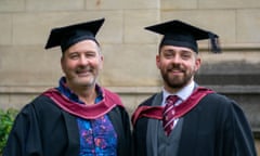 Jonny Clothier and Carter in graduation robes and mortar boards outside Bristol university