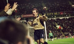 Freddie Ljungberg  celebrates scoring the second Arsenal goal in a titanic clash at Anfield in December 2001.