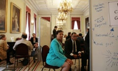 The Commonwealth secretary general, Patricia Scotland, engages in discussion with scientists at the  climate-change reversal workshop in London.