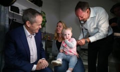 Bill Shorten at Drummoyne medical centre in Sydney where 15 month old Eleanor Luopis and her mum Katherine were getting a cough checked out.