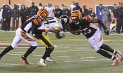 Vontaze Burfict, Antonio Brown<br>FILE - In this Jan. 10, 2016, file photo, Cincinnati Bengals' Vontaze Burfict (55), right, runs into Pittsburgh Steelers' Antonio Brown (84) during the second half of an NFL wild-card playoff football game in Cincinnati. Burfict was called for a penalty on the play. The Steelers have ruled out All-Pro wide receiver Antonio Brown from Sunday's AFC divisional playoff game against Denver while he recovers from a concussion. Brown left last weekend's wild-card win over Cincinnati after taking a shot to the head from Bengals linebacker Vontaze Burfict.  (AP Photo/John Minchillo, File)