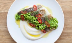 Serve as part of a summer sharing menu: Seared cured bass with tofu sauce raw peas, chillies and lemon.