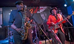 Shaw & Stroger At Rosa's Lounge<br>American Blues musicians Eddie Shaw and Bob Stroger perform together onstage at Rosa's Lounge, Chicago, Illinois, November 1, 2012. (Photo by Paul Natkin/Getty Images)