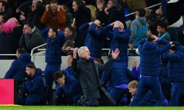 Tottenham manager Jose Mourinho drops to his knees after Giovani Lo Celso misses a chance to score late in the game against leaders Liverpool.