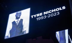 Tyre Nichols' picture and birth and death dates projected on a screen.