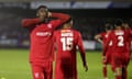 Kidderminster’s Amari Morgan-Smith celebrates after scoring his side’s second goal against Reading.