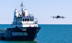 A Sea Shepherd thermal drone monitors the Vaquita Refuge in the Sea of Cortez, in an ongoing operation to defend the world’s most endangered marine mammal from illegal fishing. 
Photo Credit: Eli Hausman, Sea Shepherd Conservation Society
If you need more context, you could add that the drone was launched from one of our sentry ships, The Seahorse, which is present in the Vaquita Refuge nearly 24/7 with the cooperation of the Mexican Government.