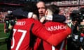 Erik ten Hag embraces Kobbie Mainoo and Alejandro Garnacho after Manchester United’s Cup final win.