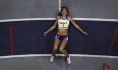 2019 European Athletics Indoor Championships - Day One<br>GLASGOW, SCOTLAND - MARCH 01: Katarina Johnson-Thompson of Great Britain lies on the ground following the 800m in the women’s pentathlon on day one of the 2019 European Athletics Indoor Championships at Emirates Arena on March 1, 2019 in Glasgow, Scotland. (Photo by Ian MacNicol/Getty Images)