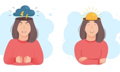 Illustration showing good and bad mood on a woman by representing it with thunderstorm or sun above her