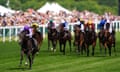 Bedtime Story, ridden by Ryan Moore, surges clear of the chasing pack during a spine-tingling moment in Saturday’s Chesham Stakes.