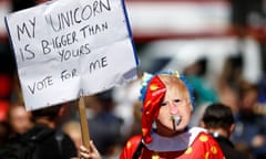 A man dressed as Boris Johnson protests outside parliament in London