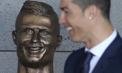 Antonio Costa, Marcelo Rebelo de Sousa<br>Real Madrid’s Cristiano Ronaldo stands next to a bust of himself at the Madeira international airport outside Funchal, the capital of Madeira island, Portugal, Wednesday March 29, 2017. Madeira International Airport has been renamed after local soccer star Cristiano Ronaldo on Wednesday during a ceremony, with family, at the airport outside his Funchal hometown. (AP Photo/Armando Franca)