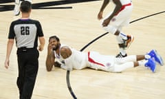 Paul George looks for a foul call from referee Pat Fraher during the second half of Monday’s Western Conference finals game