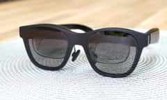 Nreal Air review mixed reality sunglasses seen from the front resting on table.