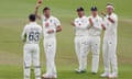 James Anderson of England celebrates taking the wicket of Azhar Ali of Pakistan to reach 600 Test wickets.