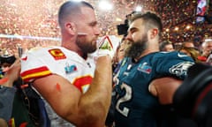 Jason Kelce (right) greets his brother Travis after last year’s Super Bowl