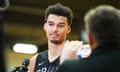 Victor Wembanyama of the San Antonio Spurs talks to the media after practice last week at Ed W Clark High School in Las Vegas, Nevada.