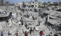 An aerial view of debris of destroyed al-Bashir Mosque following the Israeli attacks in Hakar al-Jami area of Deir al-Balah, Gaza. 