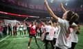 Canada's Christine Sinclair beats a drum after playing in her final international match, a 1-0 defeat of Australia