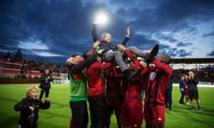 Graham Potter, head coach of Oestersunds FK celebrates after the victory during the UEFA Europa League Qualifying Play-Offs round second leg match between Oestersunds FK and PAOK Saloniki