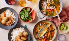 Abby Lee's Malaysian soups and stews (clockwise, from top left): babi chin (braised dark soy pork belly), chai buey (mustard green stew).and ikan assam pedas (hot and sour fish stew).