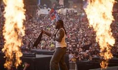 Burna Boy plays the Pyramid stage at Glastonbury Festival. Glastonbury Festival. Pilton, Somerset. Photograph by David Levene 30/6/24