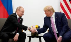 Vladimir Putin and Donald Trump shake hands during a bilateral meeting at the G20 leaders summit in Osaka, Japan, on 28 June 2019. 