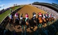 View of horses leaving the stalls at Keeneland.