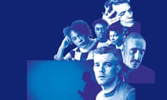 Sacré Blue! … (Clockwise from top) Simon Fisher Turner; Neil Bartlett; Russell Tovey; Travis Alabanza; Jay Bernard; Joelle Taylor; (bottom) Derek Jarman in silhouette.