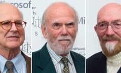 A combo made October 10, 2017 of file photos taken on December 09, 2016 in Washington, shows (LtoR) Rainer Weiss, Barry Barish and Kip Thorne, who won the Nobel Physics Prize 2017 for gravitational waves, the Royal Swedish Academy of Sciences announced October 10, 2017 in Stockholm. / AFP PHOTO / MOLLY RILEYMOLLY RILEY/AFP/Getty Images
