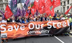 Steel workers and union representatives march on Wednesday to call for responsible sale of Tata Steel’s UK business. 