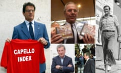 Fabio Capello launches the Capello Index in 2010; Sven Goran Eriksson with his PlayStation games in March 200; Don Revie in Dubai in 1977; Terry Venables arrives at the high court in 1993, Roy Hodgson after being presented with a Hublot King Power Euro 2012 Ukraine watch