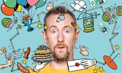 A photograph of Alex Horne with cartoon pictures and writing all over it