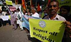 Hindus protest after a Muslim mob attacked a temple in Rahim Yar Khan, Punjab province, following the alleged incident in the Islamic seminary.