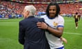 Jules Koundé with his head coach, Didier Deschamps, after France’s 1-0 victory against Belgium